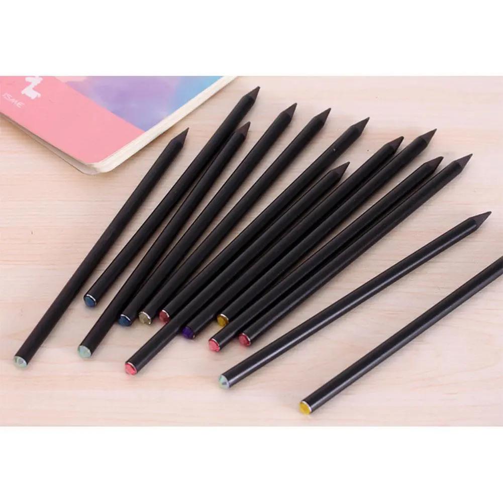HB 블랙 나무 연필 상감 다채로운 쉬머 라인스톤 연필 세트, r30, 12 개